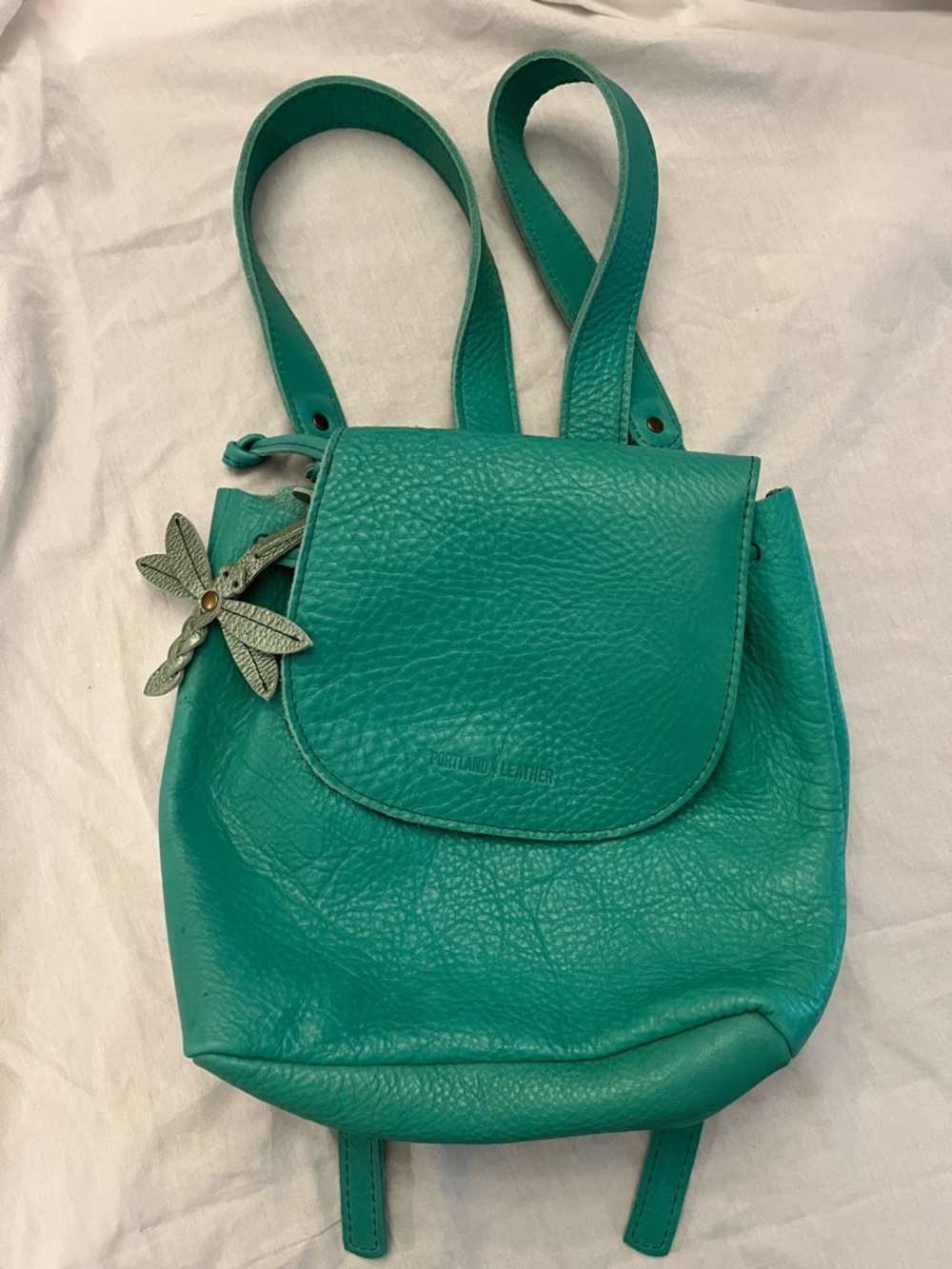Portland Leather Teal Leather Backpack Purse with Dragonfly Charm